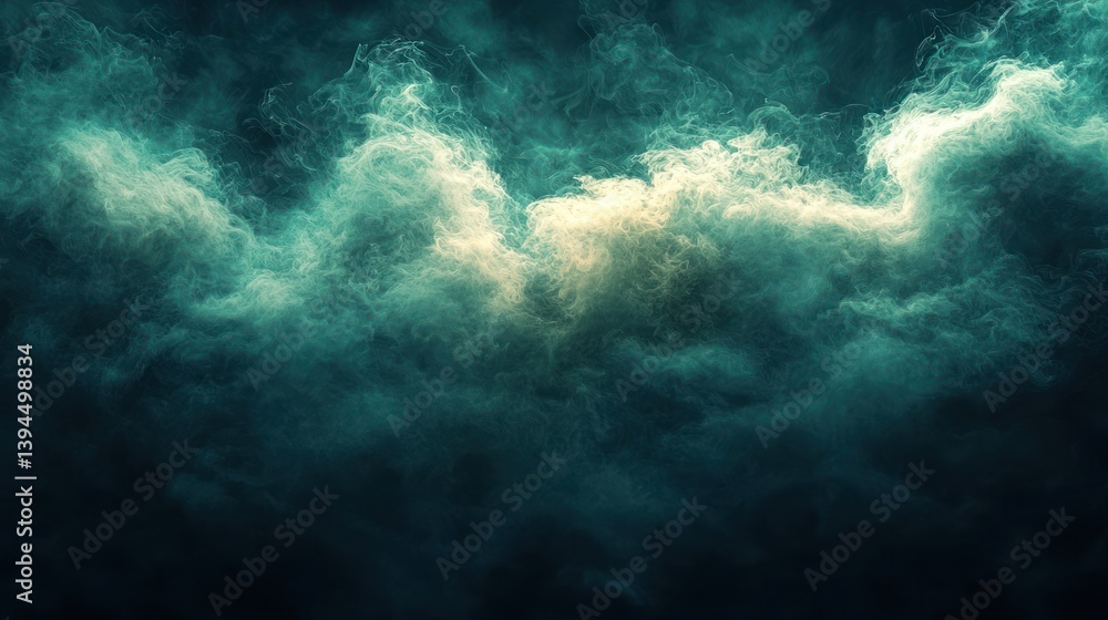 Fototapeta premium Dramatic, swirling, teal and cream colored cloudscapes fill the frame, creating a stormy, atmospheric effect.