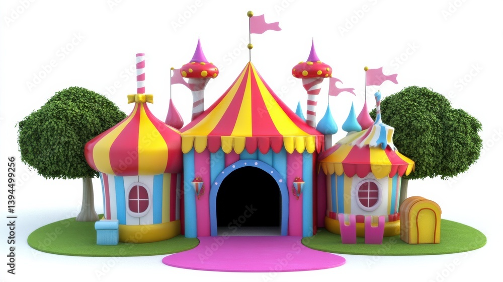 Colorful and Whimsical Carnival Tent with Flags and Trees on a Bright Background Colorful and Whimsical Carnival Tent with Flags and Trees on a Bright Background