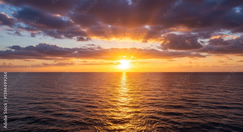 Obraz premium Serene Ocean Sunset - A breathtaking sunset over a calm ocean, with vibrant colors painting the sky and reflecting on the water