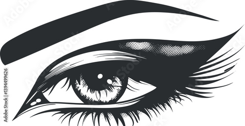 Black and white illustration of a stylized eye with bold makeup and detailed lashes.