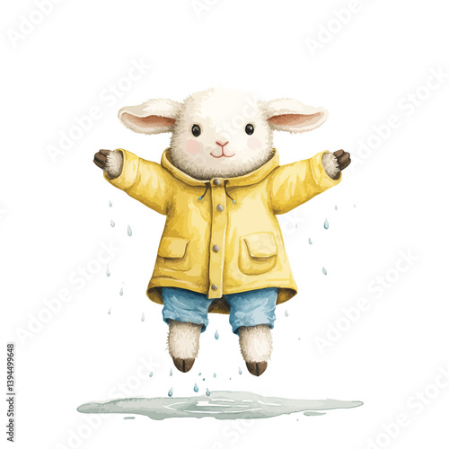 Joyful Lamb in Raincoat: A whimsical illustration capturing the delight of a lamb frolicking in the rain. Wearing a bright yellow raincoat, the lamb leaps with glee in a playful puddle.