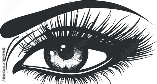 Monochrome illustration of a detailed eye with prominent lashes and eyebrow in sketch style.