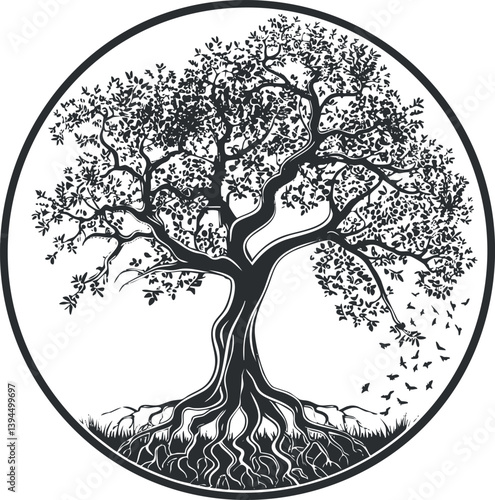 Monochrome circular tree illustration with detailed branches, leaves, and roots in black and white.