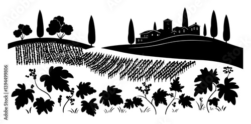Rural landscape. Houses, trees, hills and vineyards. 