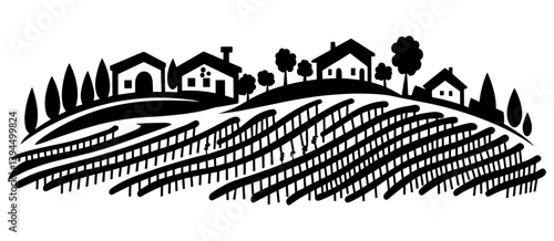 Rural landscape. Houses, trees, hills and vineyards. 