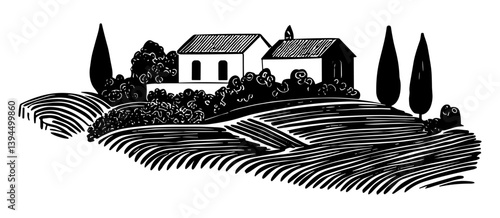 Rural landscape. Houses, trees, hills and fields. 