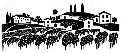 Rural landscape. Houses, trees, hills and vineyards. 