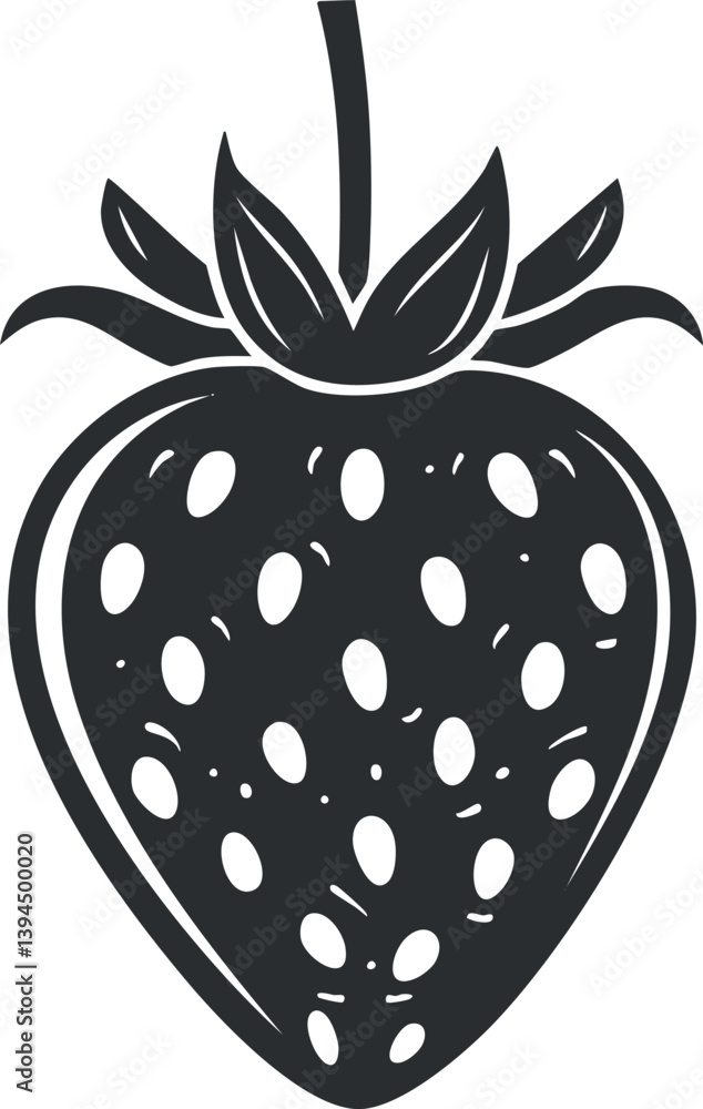 Obraz premium Black and white silhouette of a strawberry with leaves and stem, in a simple vector style.