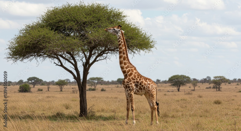 Fototapeta premium Giraffe Eating Leaves Beside Acacia Tree