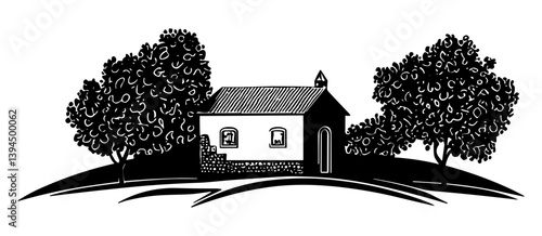 Rural landscape. Houses, trees, hills and fields. 