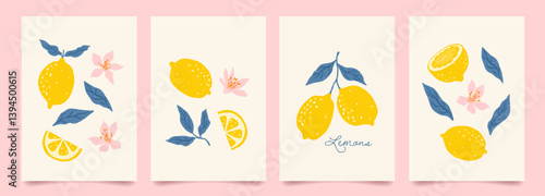 Set of citrus fruits abstract poster. Contemporary print with hand drawn lemon, leaves and flowers. Dolce vita aesthetics. Italian summer vacation. Elegant design for card, banner, menu, cover.