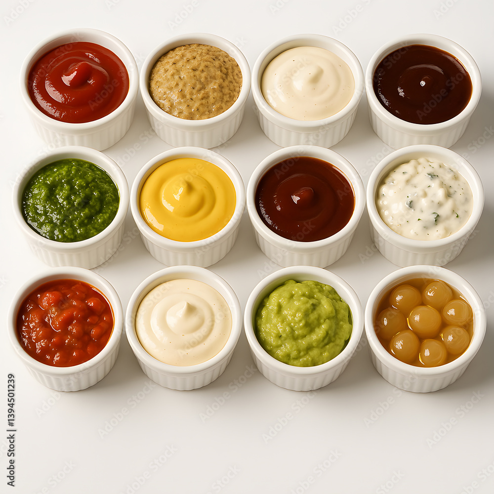 Variety of Sauces and Condiments in White Bowls Variety of Sauces and Condiments in White Bowls