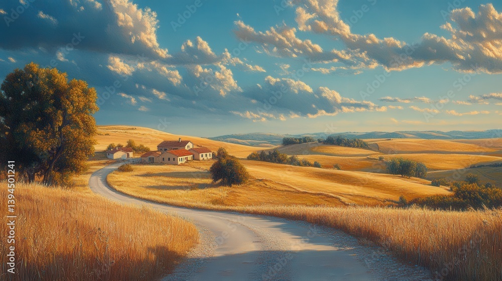 Fototapeta premium A picturesque rural landscape featuring golden fields, a winding dirt road, and a charming farmhouse under a dramatic sky filled with fluffy clouds.