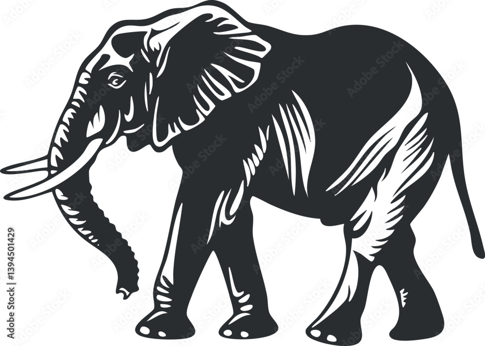 Fototapeta premium Black and white silhouette of an elephant, showcasing its large trunk and ears.