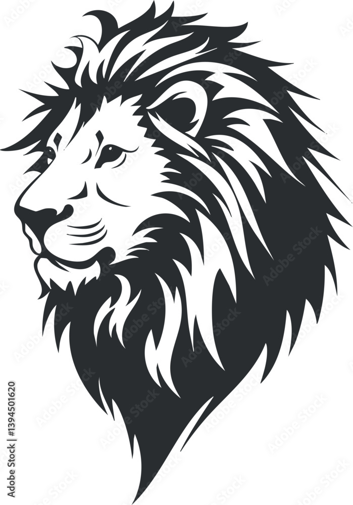 Fototapeta premium Black and white lion head illustration showcasing detailed mane and fierce expression.