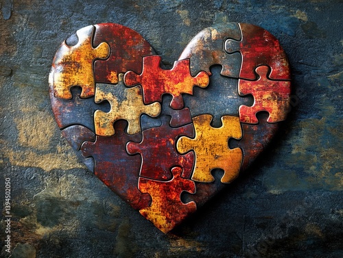 Heart-shaped puzzle piece symbolizing love and acceptance for autism awareness in a vibrant, realistic illustration
