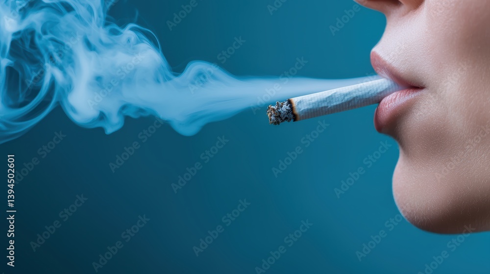 Fototapeta premium A close-up of a person's mouth exhaling smoke from a cigarette against a soft blue background, highlighting the contrast between the smoke and the skin tone.