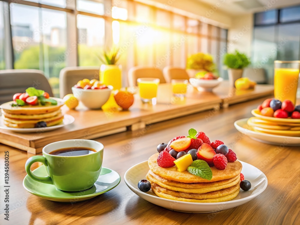 Start Your Day Right Delicious Office Breakfast Featuring Pancakes Coffee and Fruit Salad Start Your Day Right Delicious Office Breakfast Featuring Pancakes Coffee and Fruit Salad