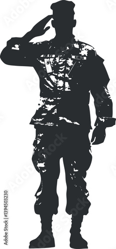 Silhouette of a soldier in uniform saluting, symbolizing military service and patriotism.
