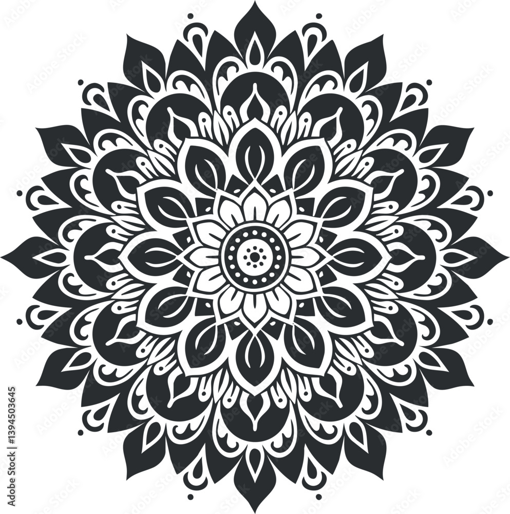 Intricate black and white mandala design featuring symmetrical floral and geometric patterns. Intricate black and white mandala design featuring symmetrical floral and geometric patterns.