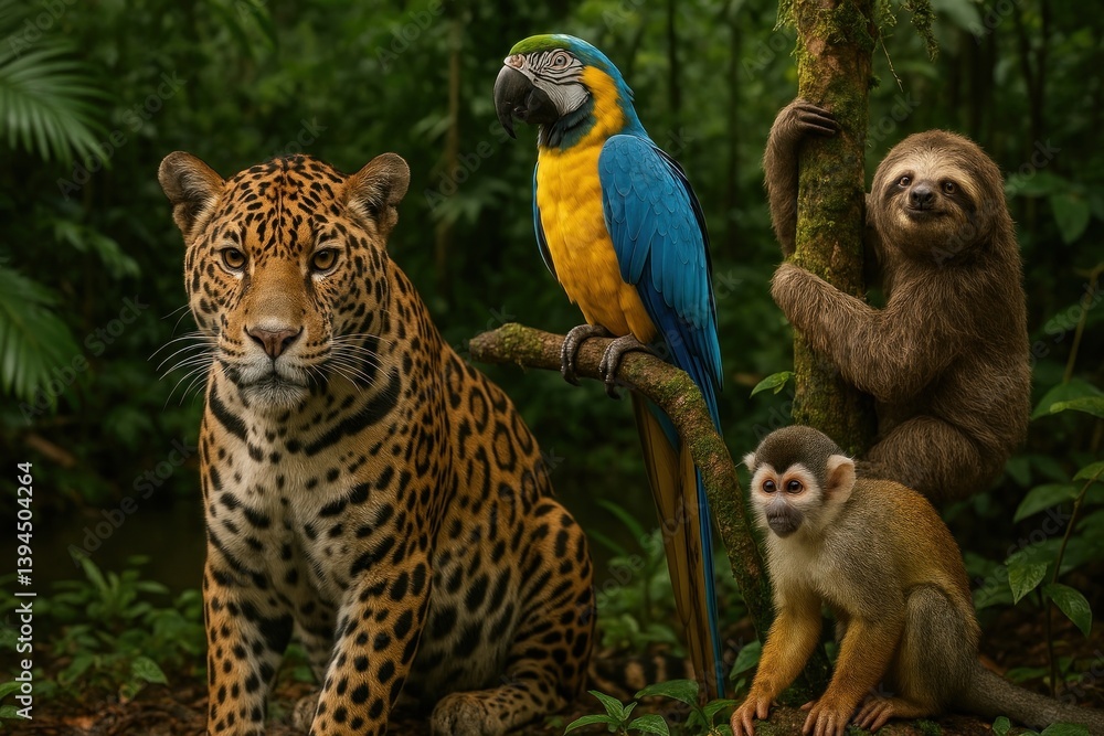 Fototapeta premium Diverse rainforest animal gathering