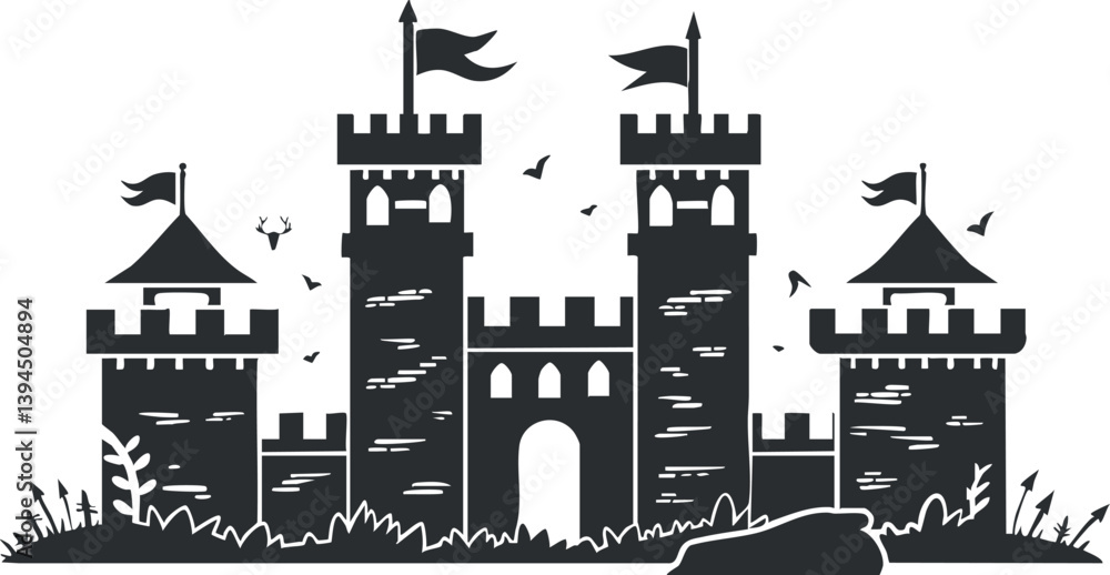 Obraz premium Silhouette of a medieval castle with towers and flags, illustrating historical architecture and defense.