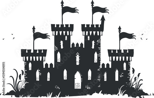 Silhouette of a medieval castle with flags and towers, featuring detailed battlements and windows.
