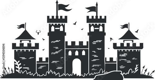 Silhouette of a medieval castle with towers and flags, illustrating historical architecture and defense.