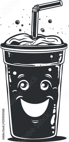 Black and white illustration of a smiling soda cup with straw and bubbles.