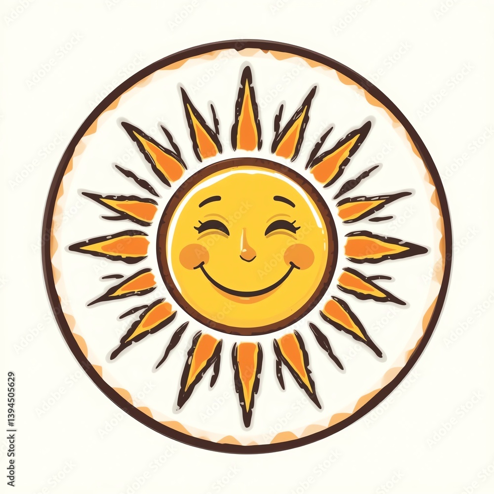 A cheerful, artistic sun illustration with a smiling face, perfect for adding a touch of warmth and joy to any design. A cheerful, artistic sun illustration with a smiling face, perfect for adding a touch of warmth and joy to any design.