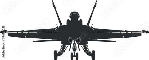 Silhouette of a military fighter jet viewed from the front with landing gear down.