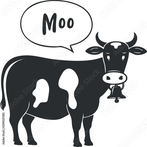 Cartoon cow with a speech bubble saying 'Moo' in black and white illustration.