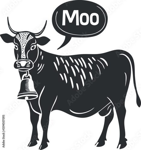 Black and white cartoon illustration of a cow with a bell and speech bubble saying 'Moo'.