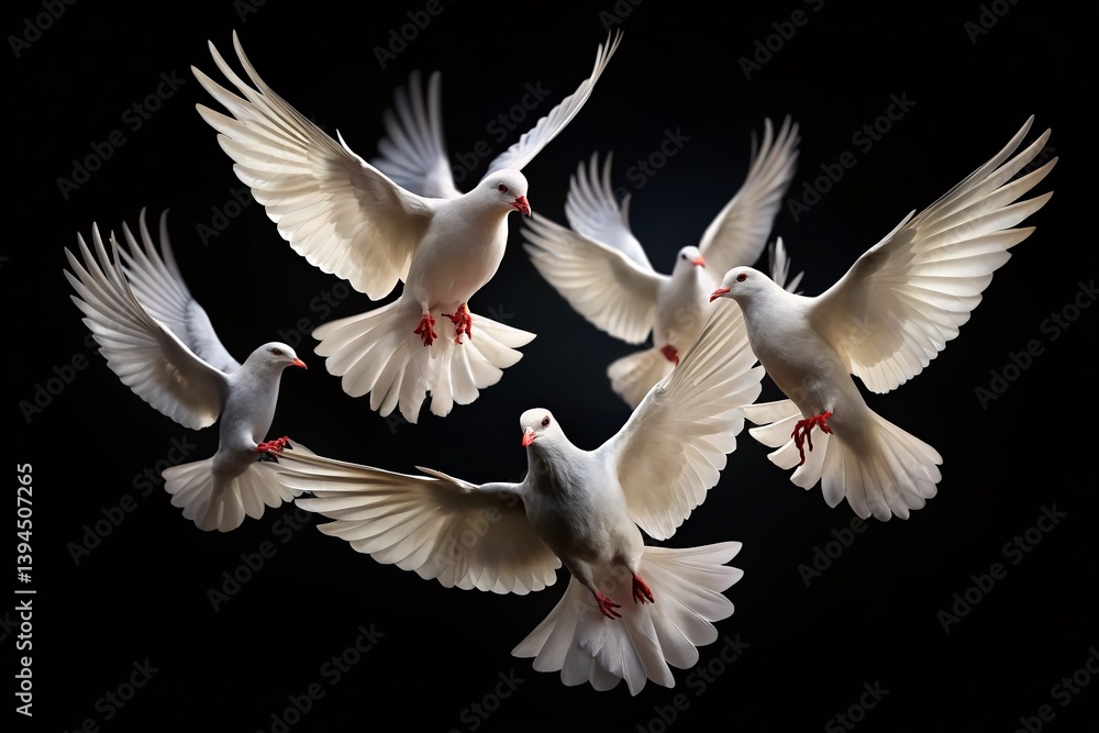 Fototapeta premium Two White Doves Soaring Gracefully Against a Deep Black Background A Captivating Candid Stock Photo for Design