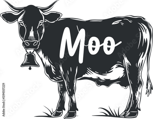 Illustration of a cow with a bell and 'Moo' text in black and white design.