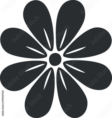 Black and white abstract flower icon with eight petals, ideal for minimalist design projects.