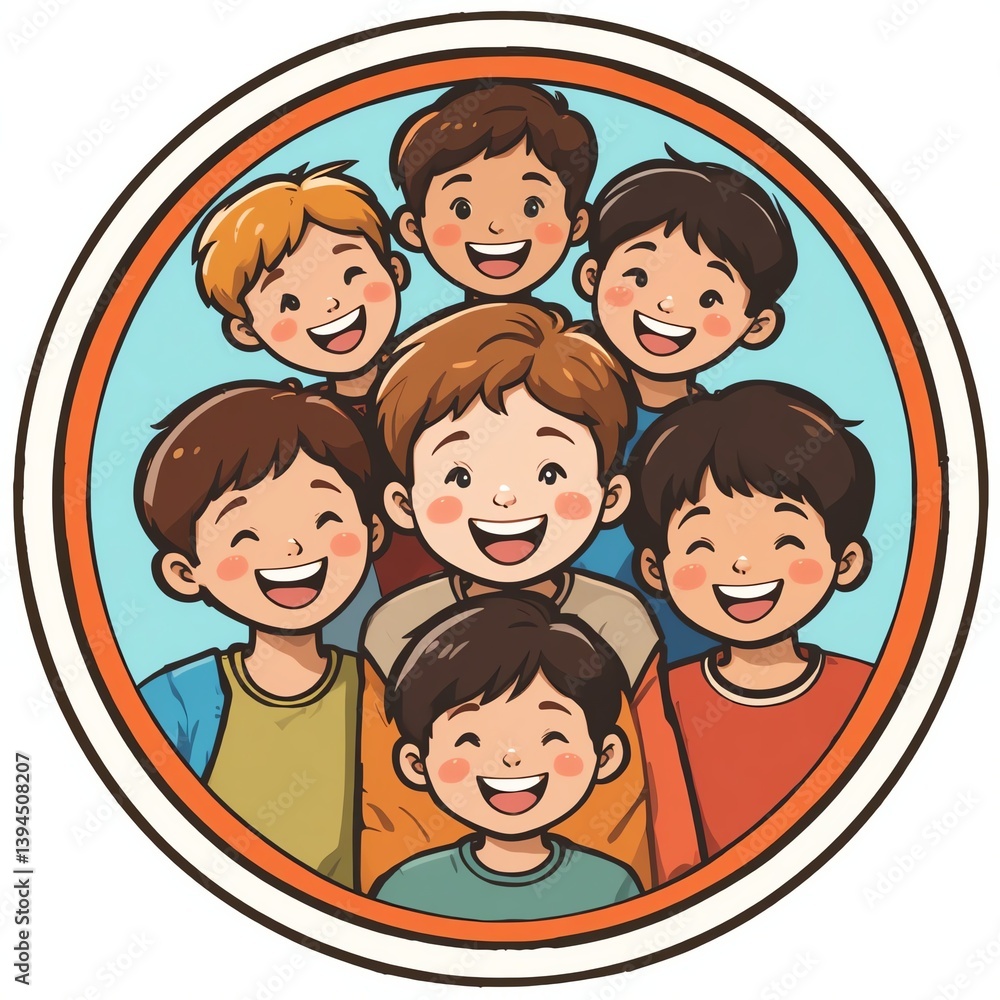 A joyful group of seven smiling boys, showcasing friendship and happiness in a colorful illustration. A joyful group of seven smiling boys, showcasing friendship and happiness in a colorful illustration.