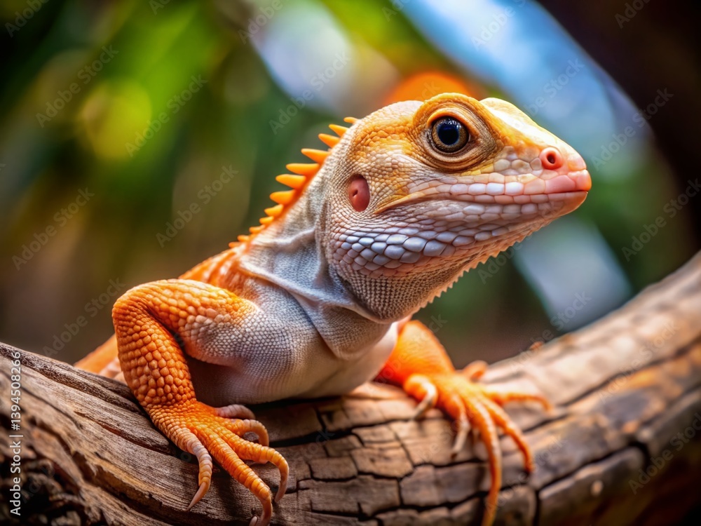 Fototapeta premium Closeup of a White and Orange Lizard Resting on a Tree Branch in a Zoo Reptile Enclosure A
