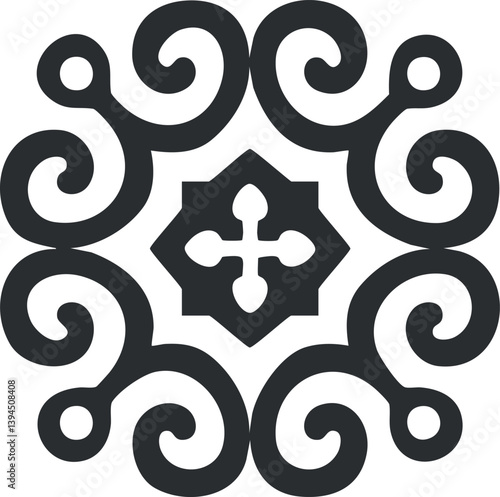 Black and white symmetrical ornamental design featuring intricate swirls and decorative motifs.