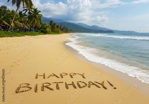 Fototapeta Naklejka Na Ścianę i Meble -  Happy birthday beach vacation tropical getaway sand writing ocean waves palm trees scenic destination