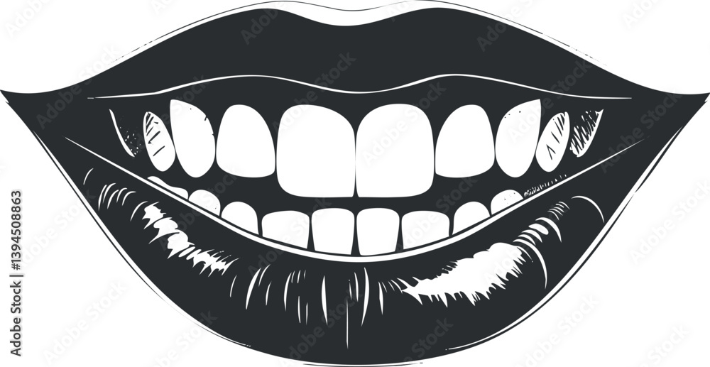Black and white illustration of a smiling mouth with outlined lips and teeth. Black and white illustration of a smiling mouth with outlined lips and teeth.