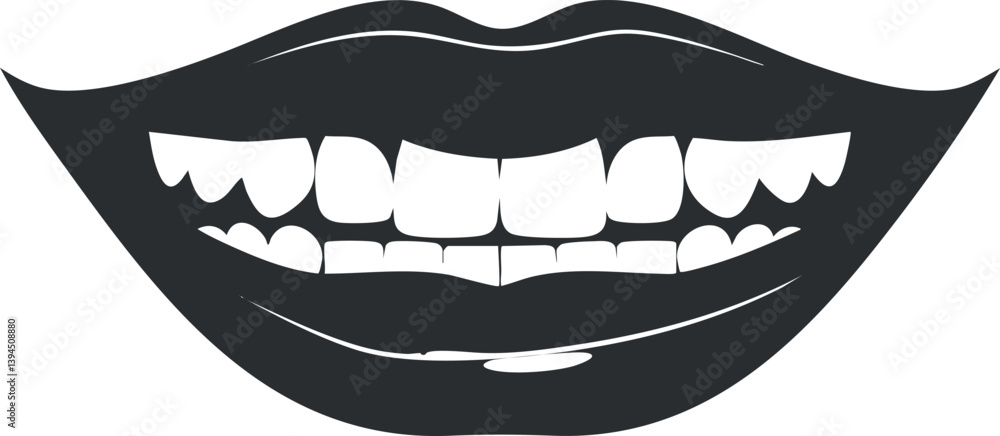 Black and white vector illustration of a smiling mouth with visible teeth and lips.