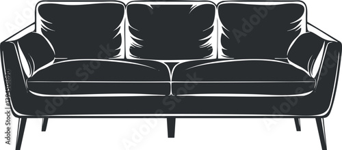 Black and white silhouette of a modern three-seater sofa with cushions for interior design.