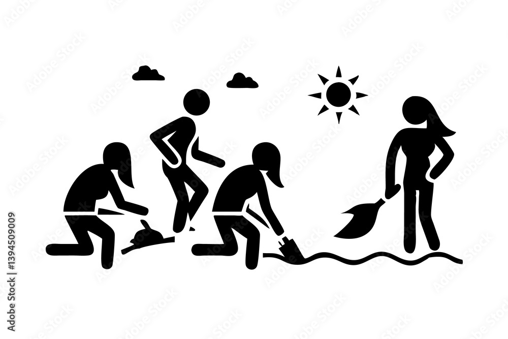 Obraz premium People cleaning a beach on a Earth Day sunny day with shovels and a broom