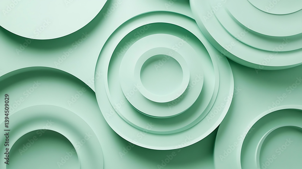 Subtle concentric circles on a soft green backdrop, Layered geometric shapes creating a harmonious, peaceful composition