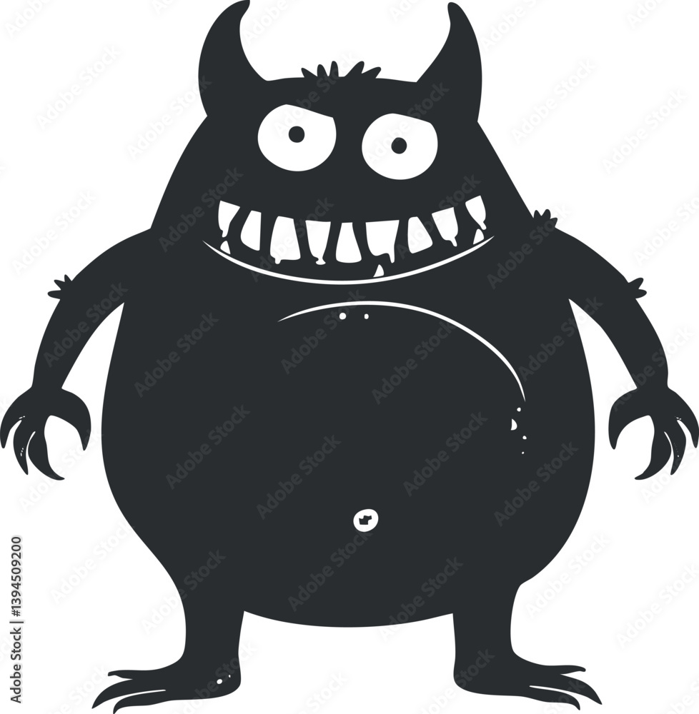 Black and white cartoon monster illustration with sharp teeth and horns, perfect for Halloween design. Black and white cartoon monster illustration with sharp teeth and horns, perfect for Halloween design.
