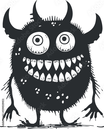 Black and white cartoon monster illustration with big eyes, sharp teeth, and horns.