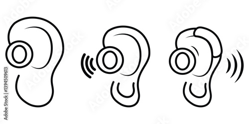 Hearing aid icon set. Outlined ear, hearing icon, hearing aid symbol set with wave vector illustration.