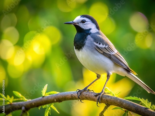 Graceful White Wagtail Perched on a Blurred Natural Setting Stunning Detail in a Captivating Bird Photography Stock