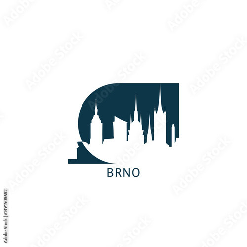 Brno vector icon with skyline, panoramic view, city shape. Czech Republic landmarks logo concept. Blue flat isolated graphic, badge